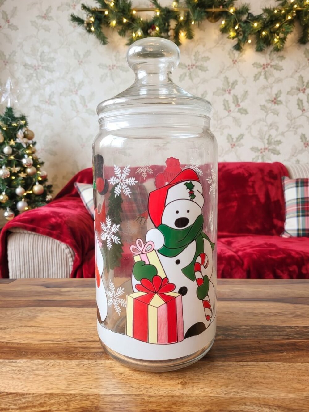 Vintage Christmas Glass Cookie Jar Snowman Made in France